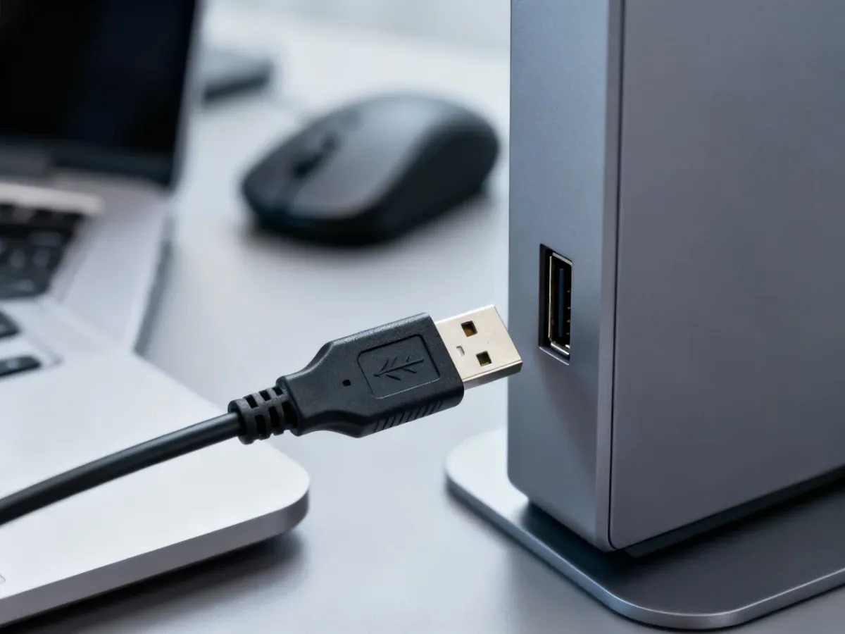 Zbliżenie wtyczki USB-A dopasowywanej do prostokątnego portu komputera