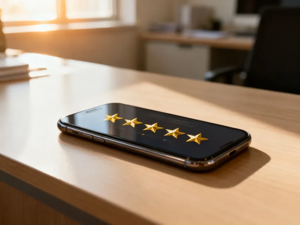 Smartfon z wyświetlonym interfejsem oceniania gwiazdkami, leżący na minimalistycznym drewnianym biurku.