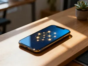 Smartfon na biurku z ikoną chmury i wskaźnikiem zapełnienia pamięci, symbolizujący zarządzanie przestrzenią w Zdjęciach Google.
