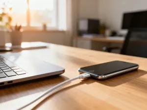 Nowoczesny smartfon z ikoną zakupów na ekranie, symbolizujący dostęp do Facebook Marketplace w domowym biurze.