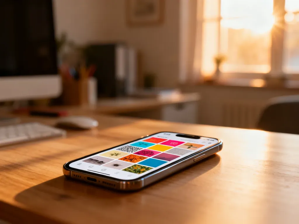 Smartfon z wyświetloną tablicą inspiracji na ekranie, leżący na drewnianym biurku w przytulnym domowym biurze.