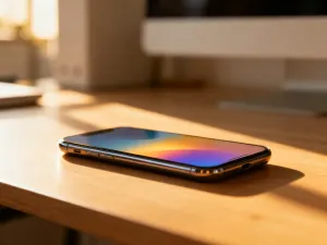 Nowoczesny smartfon na drewnianym biurku z ikoną kłódki na ekranie, symbolizującą ustawienia zabezpieczeń sieci Wi-Fi.