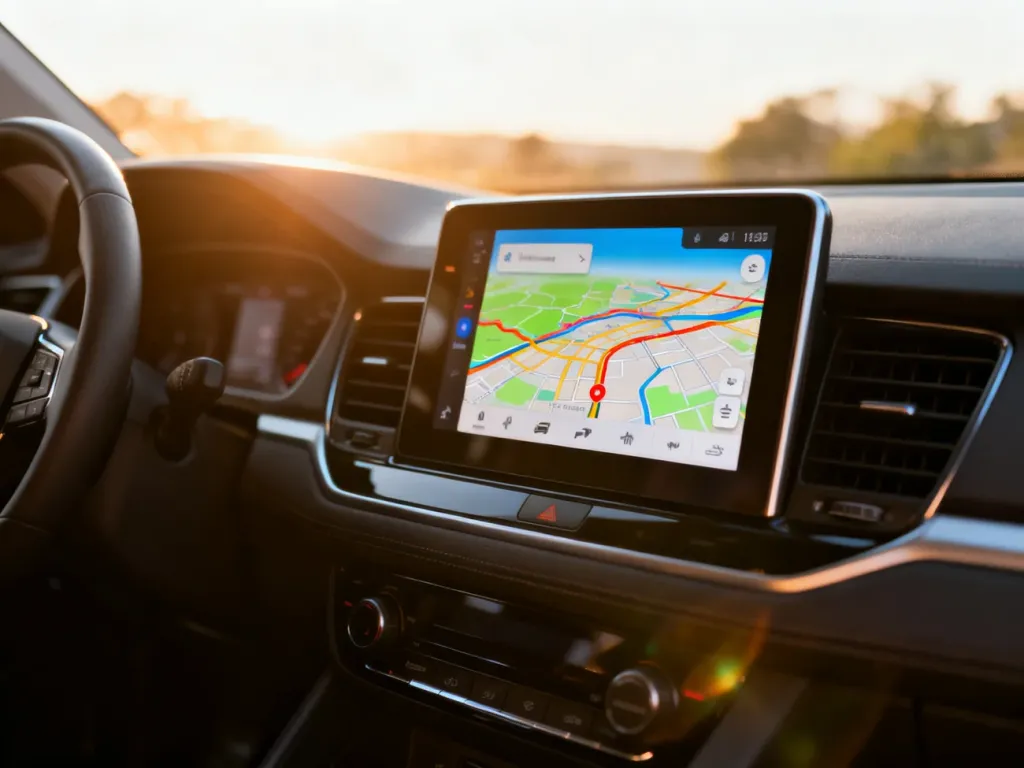 Ekran dotykowy w nowoczesnym samochodzie z wyświetloną mapą nawigacji systemu Android Auto.