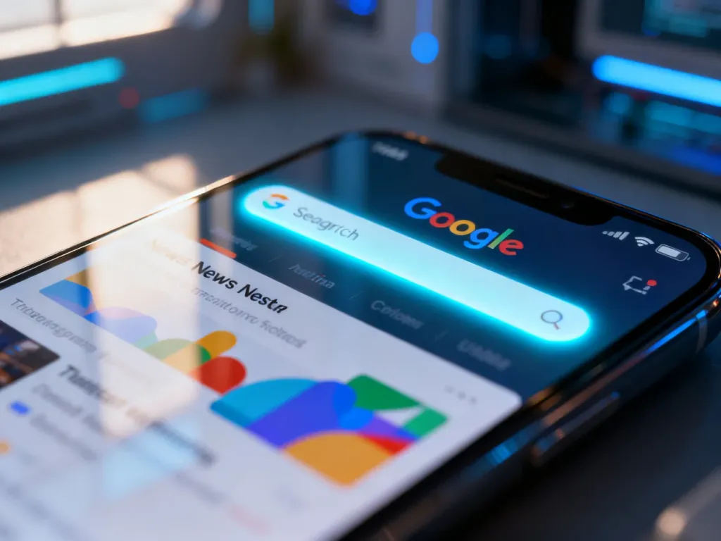 Ekran nowoczesnego smartfona z widocznym paskiem wyszukiwania Google oraz ikonami kanału informacyjnego.