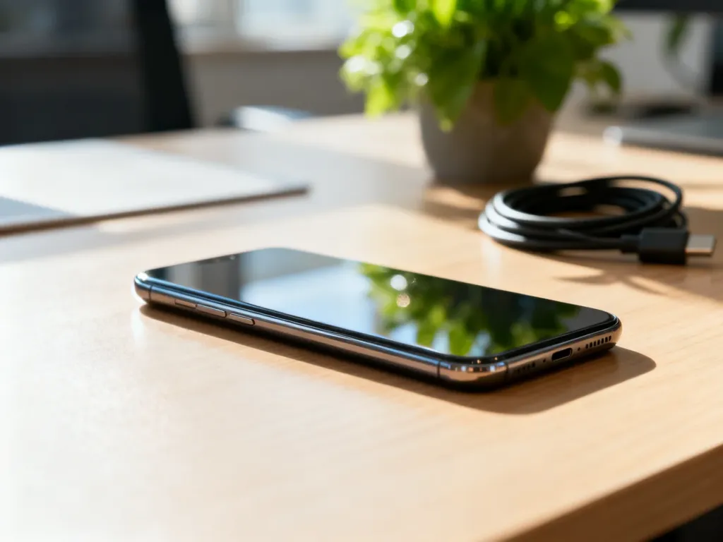 Nowoczesny smartfon leżący na drewnianym biurku w słonecznym świetle, podkreślający estetykę i mobilność urządzenia.