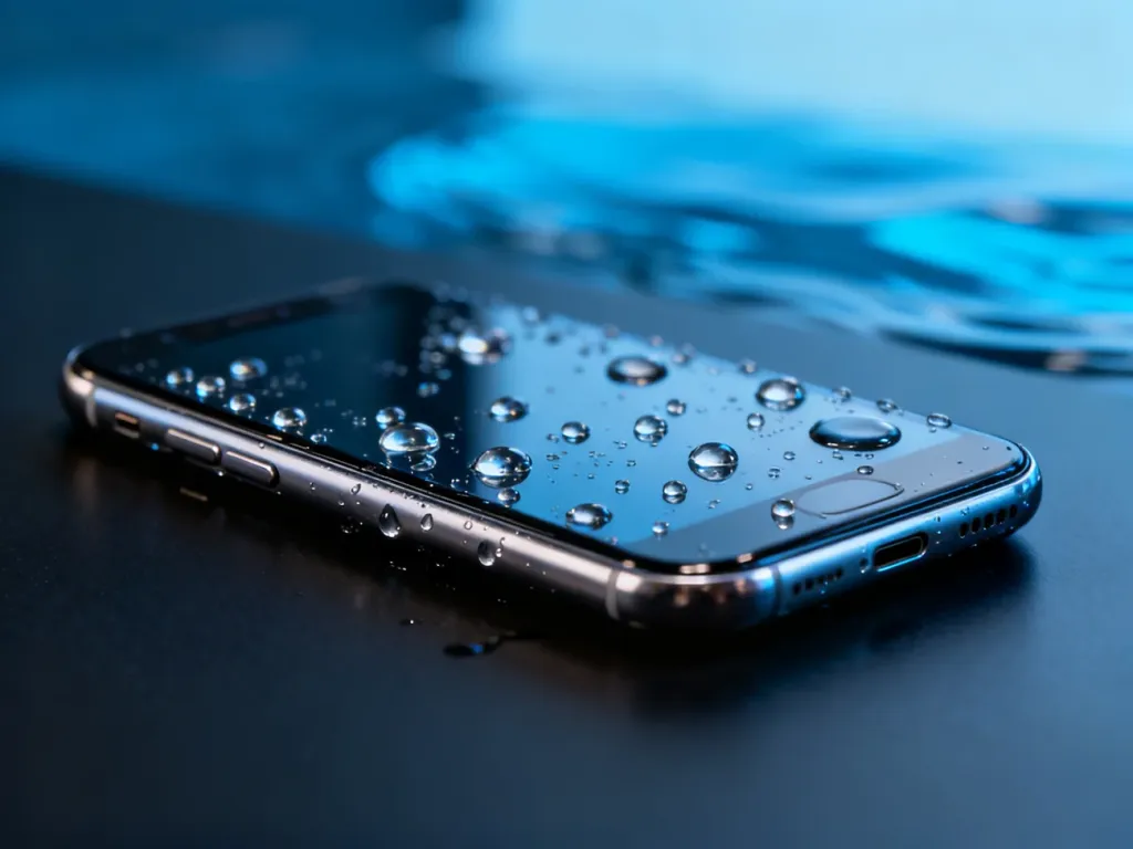 Smartfon iPhone 15 z widocznymi kroplami wody na ekranie i obudowie, podkreślający jego odporność na zachlapania.