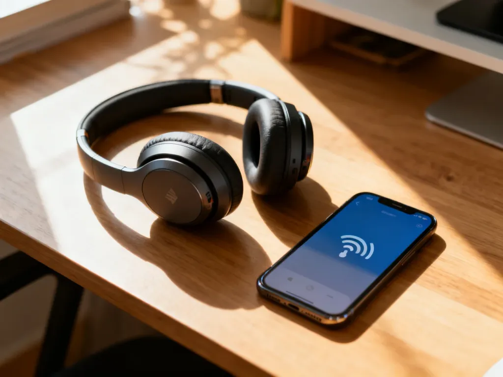 Nowoczesne słuchawki bezprzewodowe obok smartfona z włączonym menu parowania Bluetooth na drewnianym biurku.