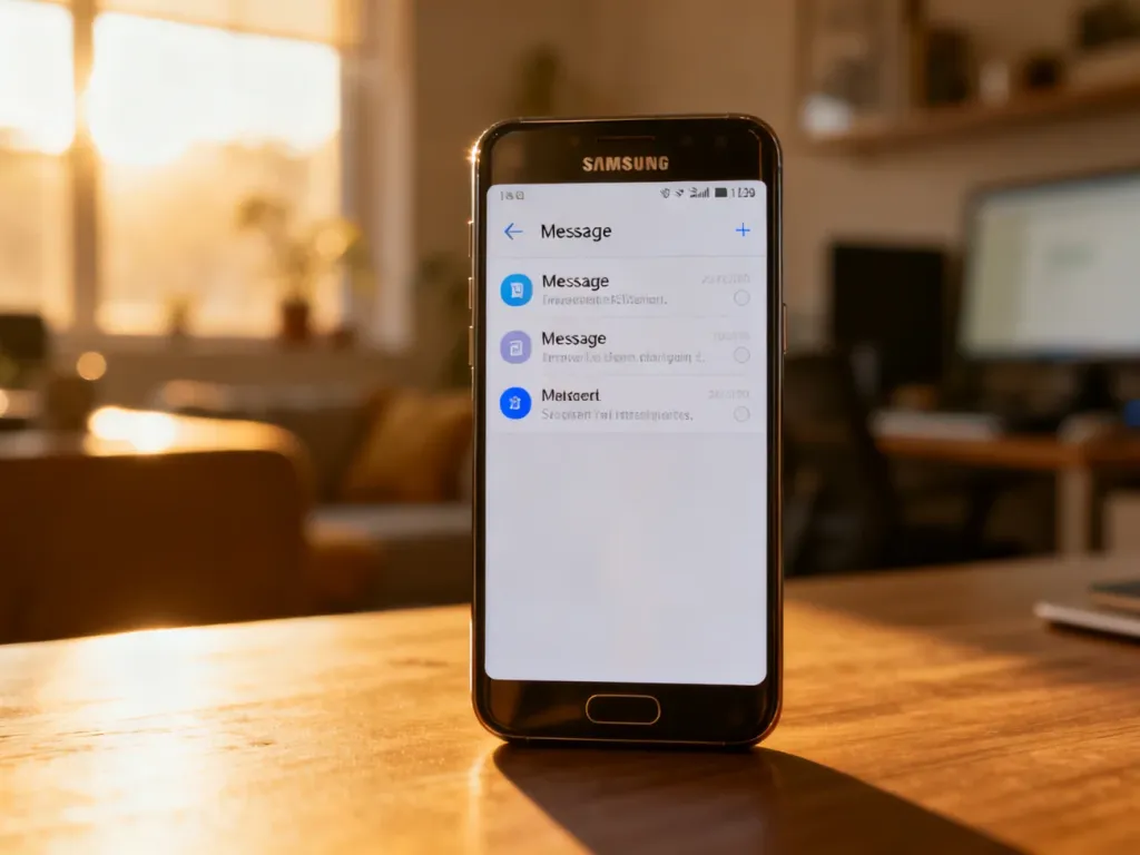 Ekran smartfona Samsung z otwartymi ustawieniami wiadomości w przytulnym, domowym biurze o zachodzie słońca.