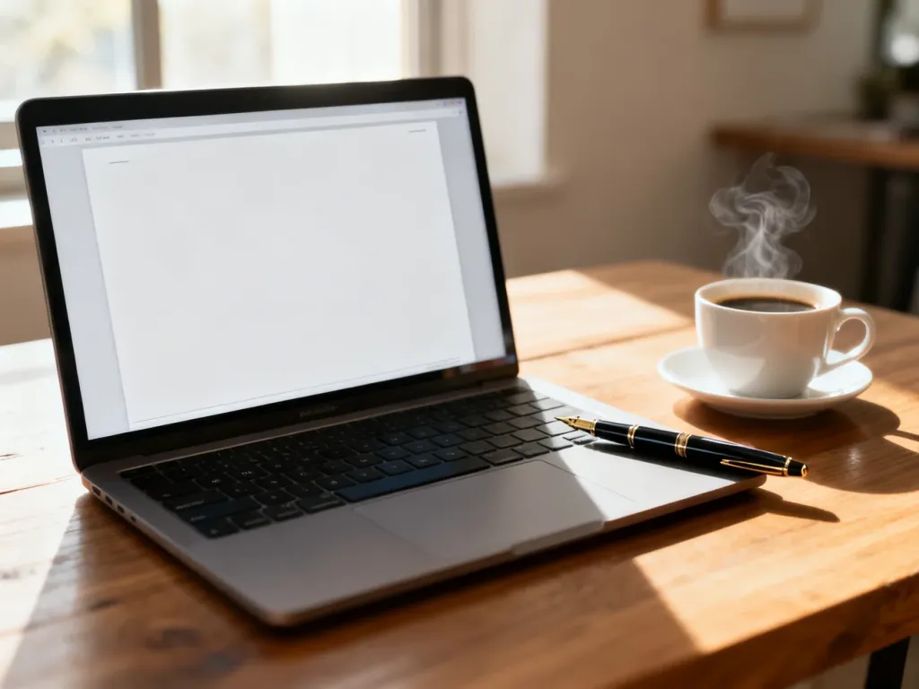 Nowoczesne stanowisko pracy z otwartym dokumentem na laptopie, piórem i kawą, symbolizujące przygotowanie do pisania w programie Word.