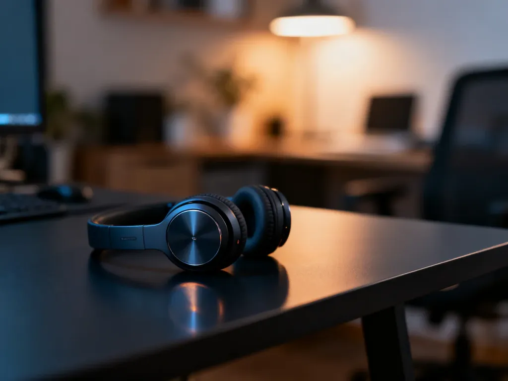 Nowoczesna słuchawka Bluetooth spoczywająca na minimalistycznym biurku w profesjonalnym oświetleniu.