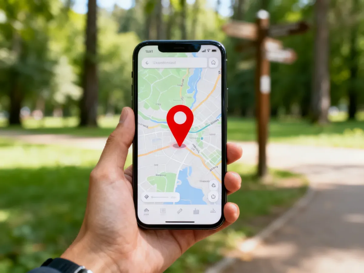 Smartfon z czerwoną pinezką wskazującą lokalizację na mapie