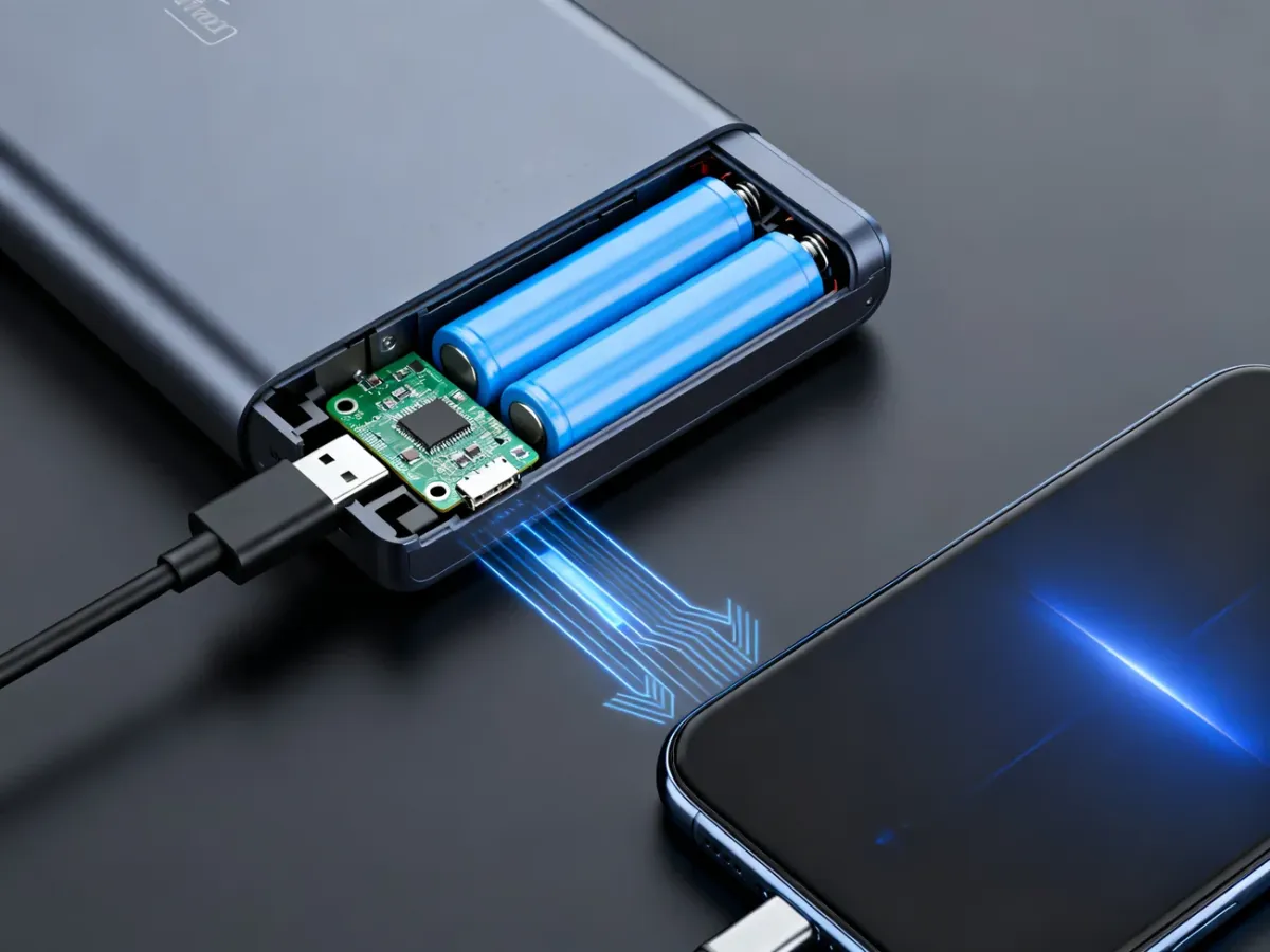 Przekrój powerbanku z ogniwami i elektroniką podczas ładowania smartfona