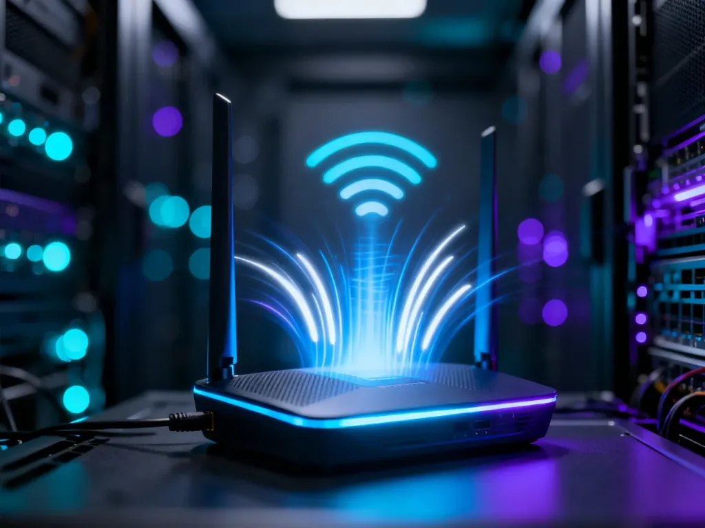 Nowoczesny router emitujący fale sygnału, symbolizujący szybką i wydajną łączność bezprzewodową w technologii WiFi 6.