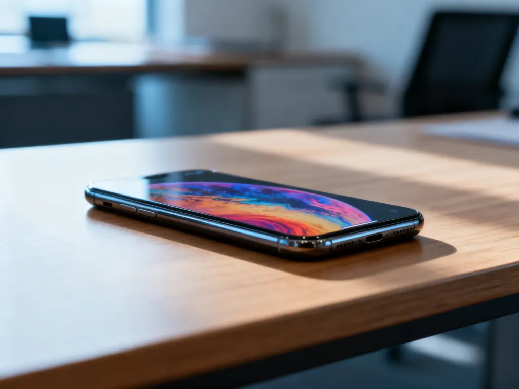 iPhone 12 z kolorową tapetą na ekranie, spoczywający na drewnianym biurku w minimalistycznym biurze.