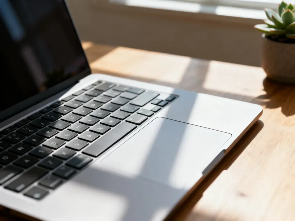 Nowoczesny laptop na biurku w minimalistycznym biurze, gotowy do zmiany ustawień logowania w systemie Windows 11.
