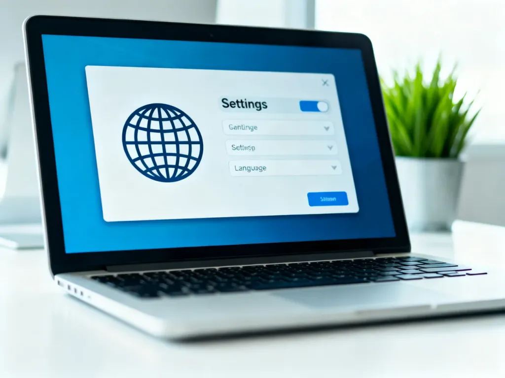Ekran laptopa z ikoną globu w ustawieniach, symbolizujący proces zmiany języka w przeglądarce Google.