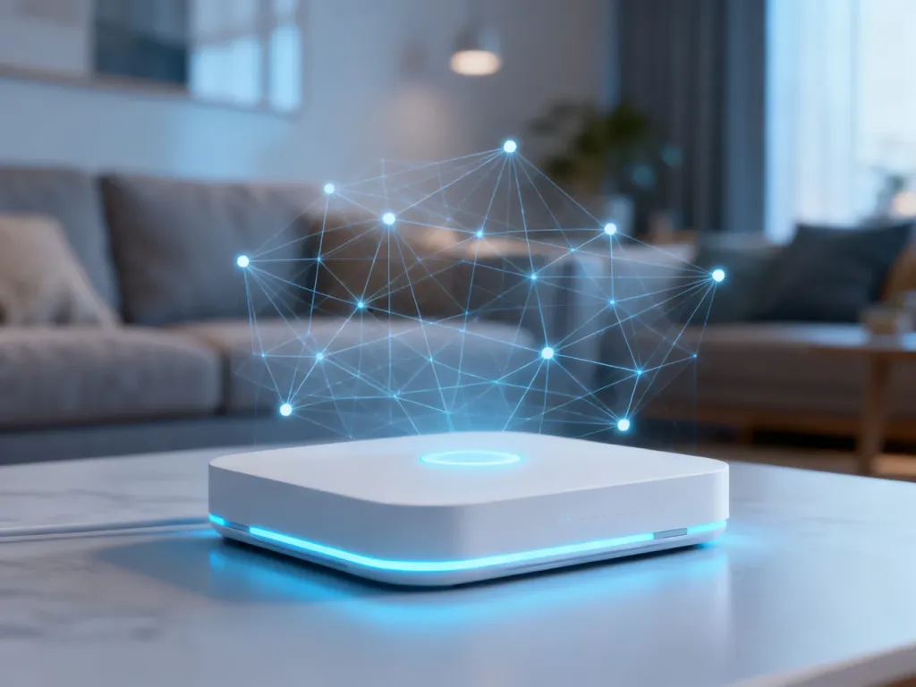 Nowoczesny router typu mesh z podświetleniem LED, emitujący cyfrową sieć łączącą urządzenia w przytulnym wnętrzu domu.
