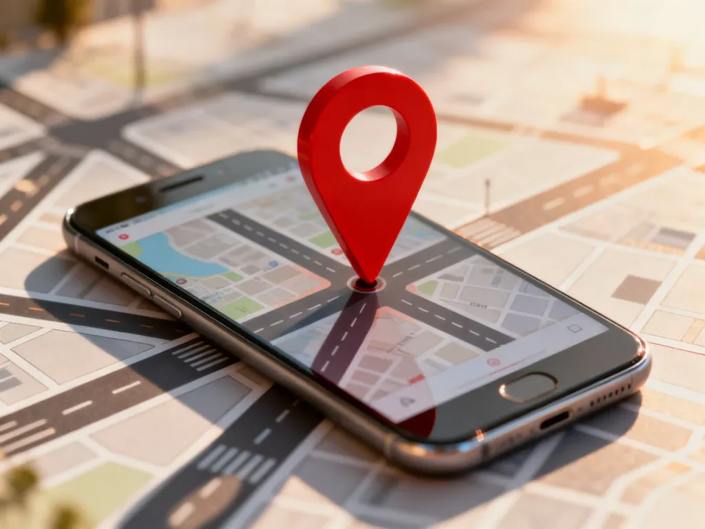 Ekran smartfona z widoczną mapą i czerwoną pinezką zaznaczającą konkretny punkt na skrzyżowaniu ulic.