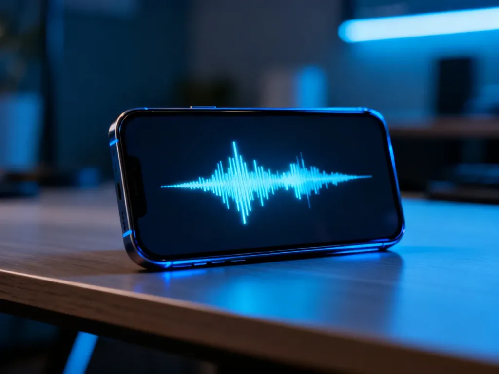 Smartfon z wizualizacją fali dźwiękowej na ekranie, symbolizujący proces rozpoznawania muzyki przez aplikację Shazam.