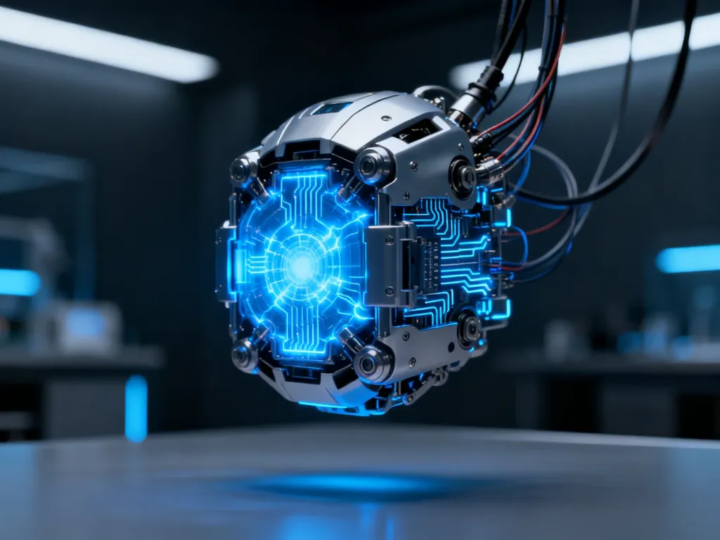 Futurystyczny, świecący na niebiesko rdzeń robota w zaawansowanym laboratorium, symbolizujący nowoczesną technologię Androida 17.