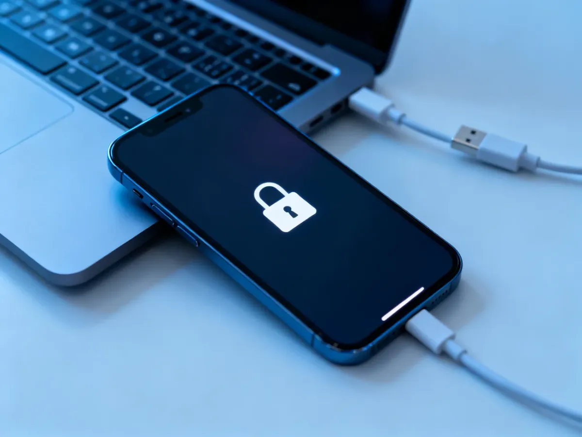 Zablokowany iPhone obok laptopa i przewodu USB