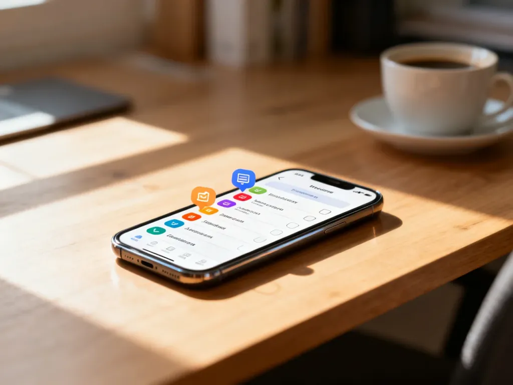 Nowoczesny smartfon z wyświetloną listą zadań na drewnianym biurku, symbolizujący korzystanie z aplikacji Samsung Reminder.