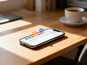 Nowoczesny smartfon leżący na drewnianym biurku z widocznym menu ustawień, ilustrujący proces zarządzania lokalizacją.
