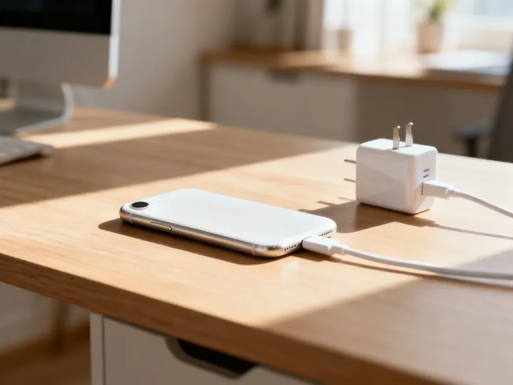Biały smartfon podłączony do szybkiej ładowarki na minimalistycznym drewnianym biurku w domowym biurze.