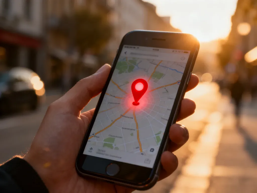 Ekran smartfona z widoczną mapą Google i czerwoną pinezką wskazującą lokalizację na tle rozmytego krajobrazu miasta.