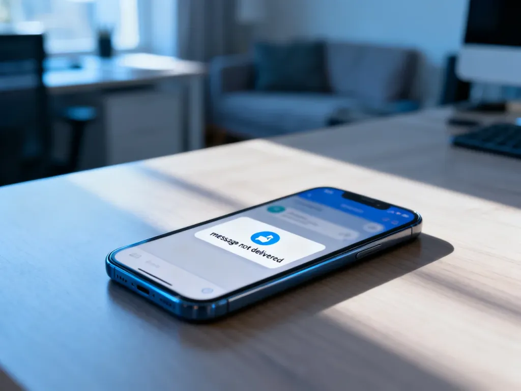Smartfon na biurku z powiadomieniem o niedostarczonej wiadomości, sugerujący zablokowanie kontaktu na WhatsApp.