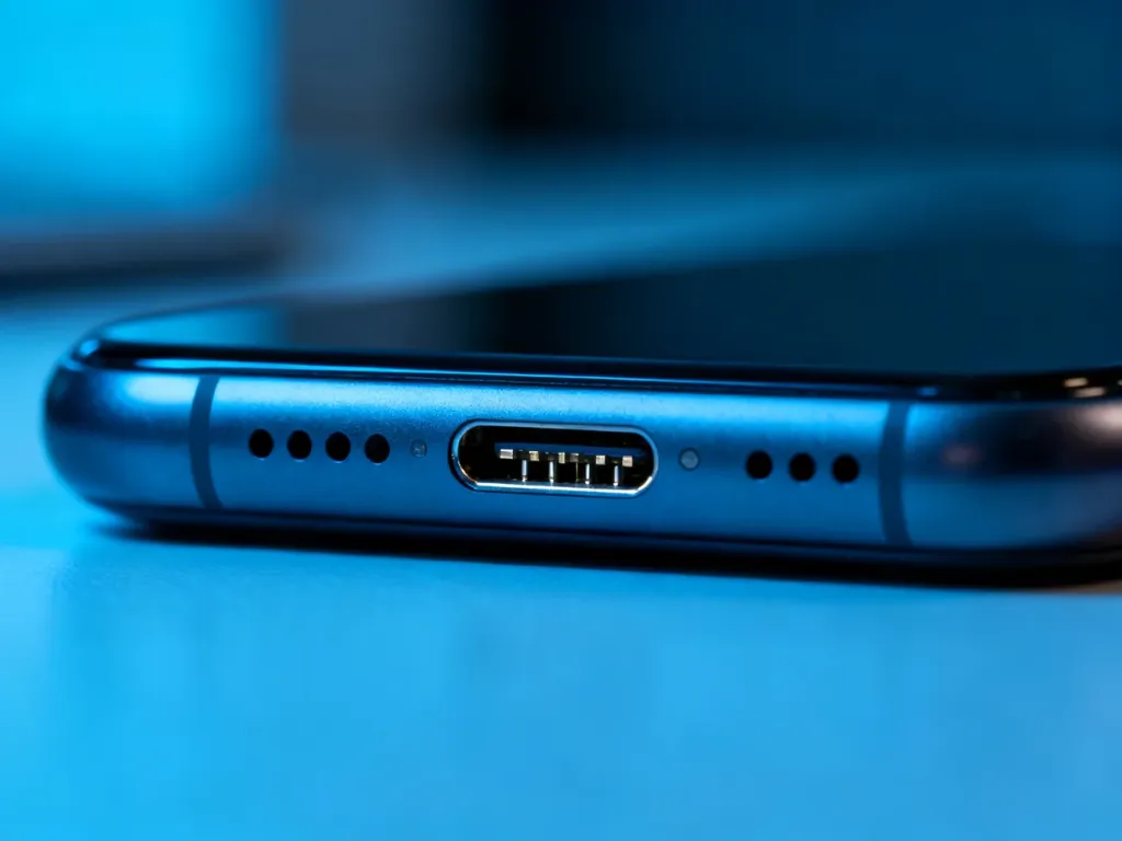 Zbliżenie na port ładowania Lightning w smartfonie iPhone 14. Widoczne metalowe styki złącza w profesjonalnym oświetleniu.
