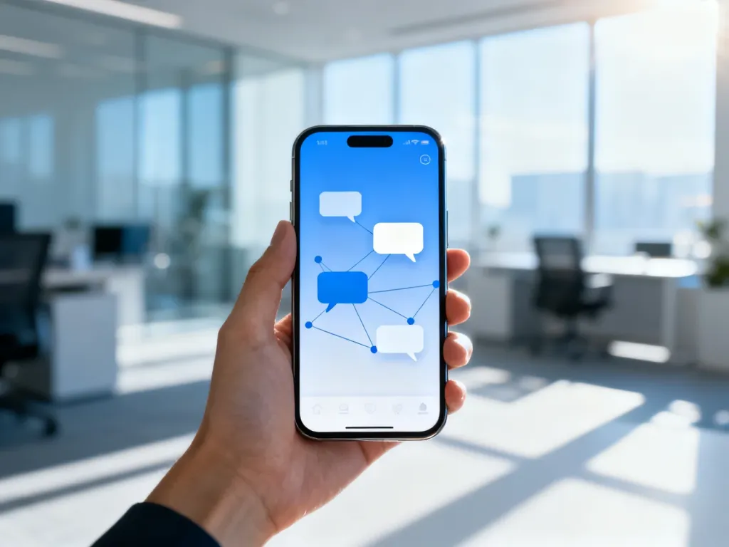 Smartfon trzymany w dłoni z wizualizacją interfejsu mediów społecznościowych w nowoczesnym biurowym otoczeniu.