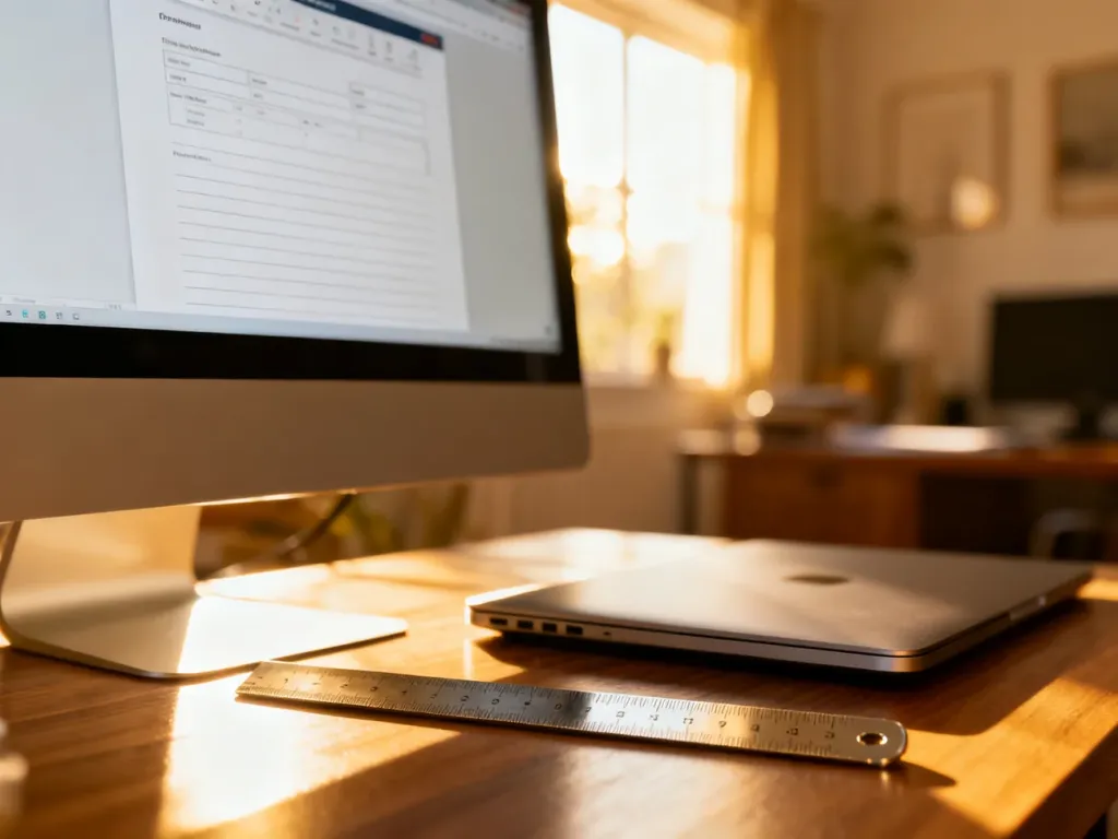 Metalowa linijka leżąca na biurku obok laptopa, symbolizująca pracę z dokumentem w programie Word.