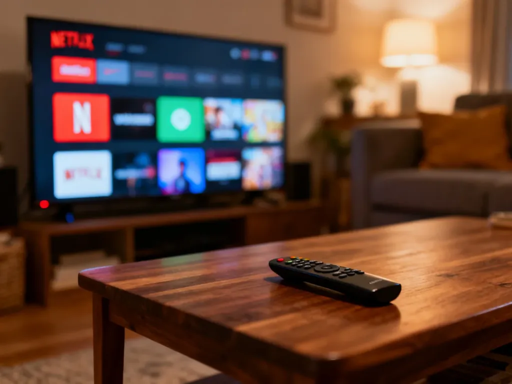 Ekran nowoczesnego telewizora z menu Netflix oraz pilot leżący na stoliku, tworzące przytulną atmosferę w salonie.
