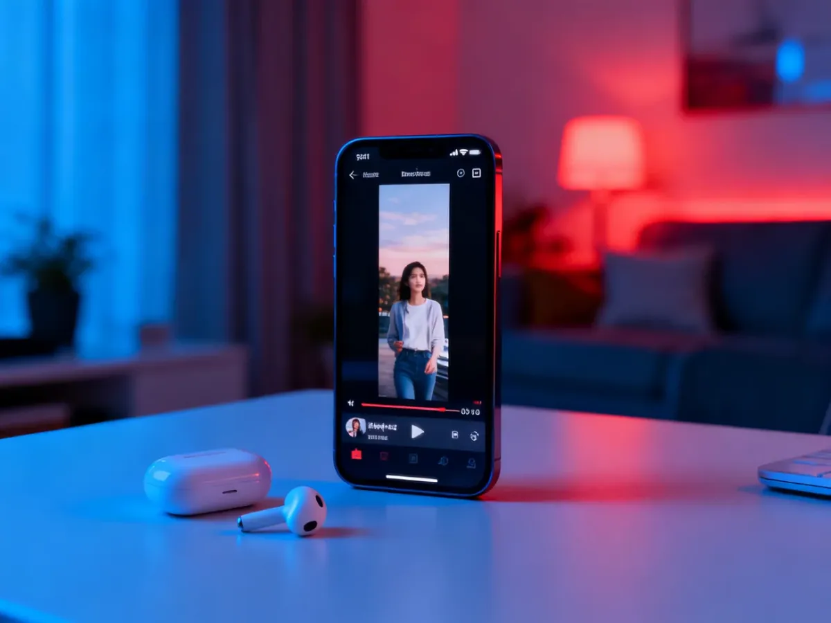Smartfon z odtwarzanym długim filmem i słuchawkami na biurku