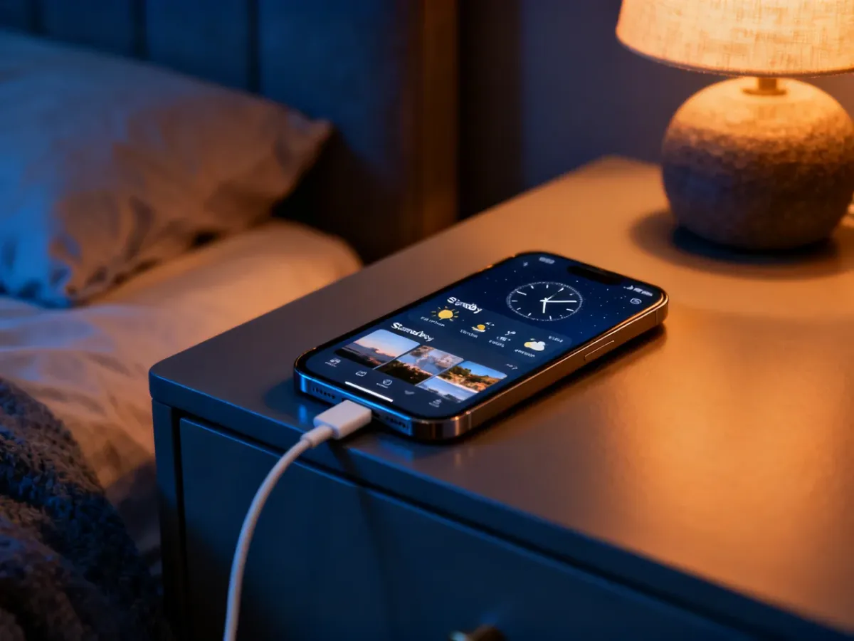 iPhone ustawiony poziomo na szafce nocnej w trybie StandBy