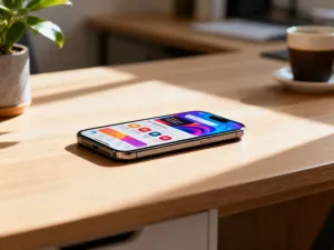 Ekran smartfona z ikonami usług chmurowych na tle cyfrowej sieci, symbolizujący aktualizacje i działanie usług Google Play.