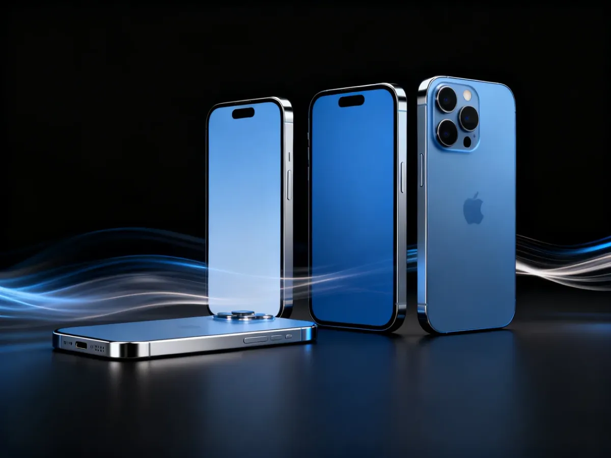 Cztery smartfony symbolizujące modele iPhone 15, w tym wersje Pro z płynniejszym odświeżaniem ekranu