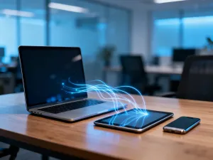 Nowoczesny laptop z widoczną ikoną Bluetooth na ekranie, ilustrujący sprawdzanie łączności bezprzewodowej w komputerze.