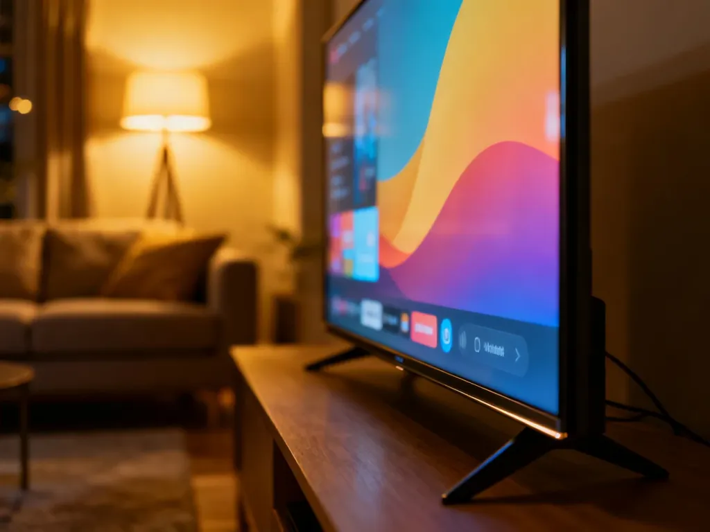 Nowoczesny telewizor z kolorowym interfejsem w przytulnym salonie, prezentujący możliwości systemu Smart TV.