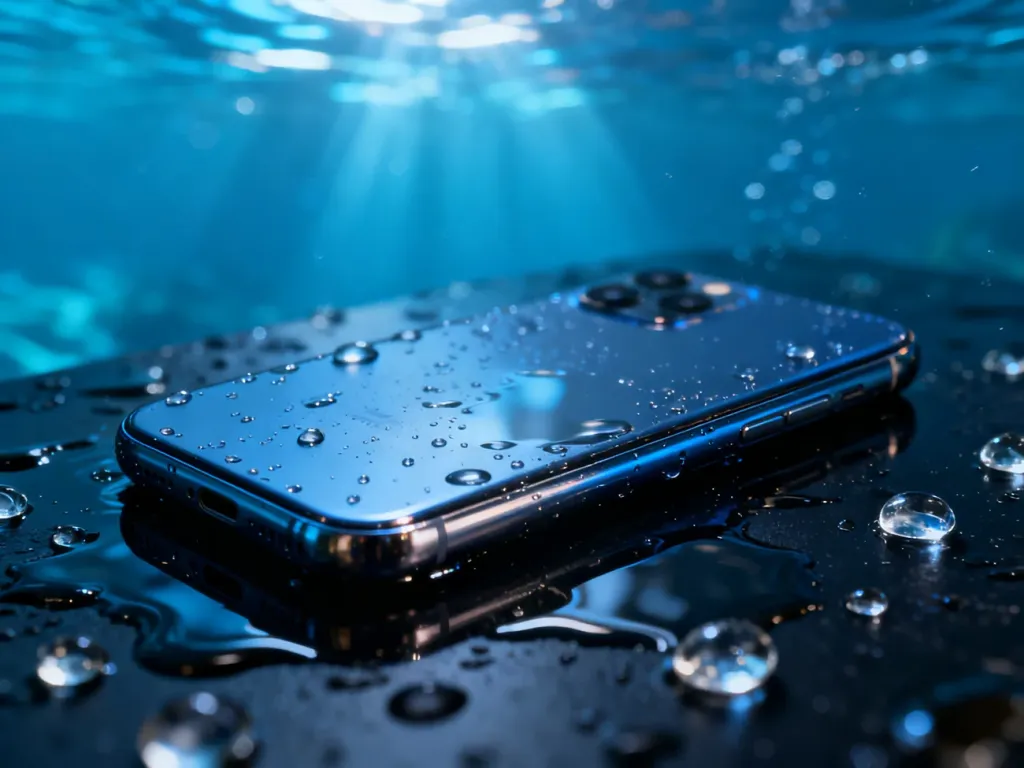 Nowoczesny smartfon leżący na mokrej, odbijającej światło powierzchni w otoczeniu kropel wody.
