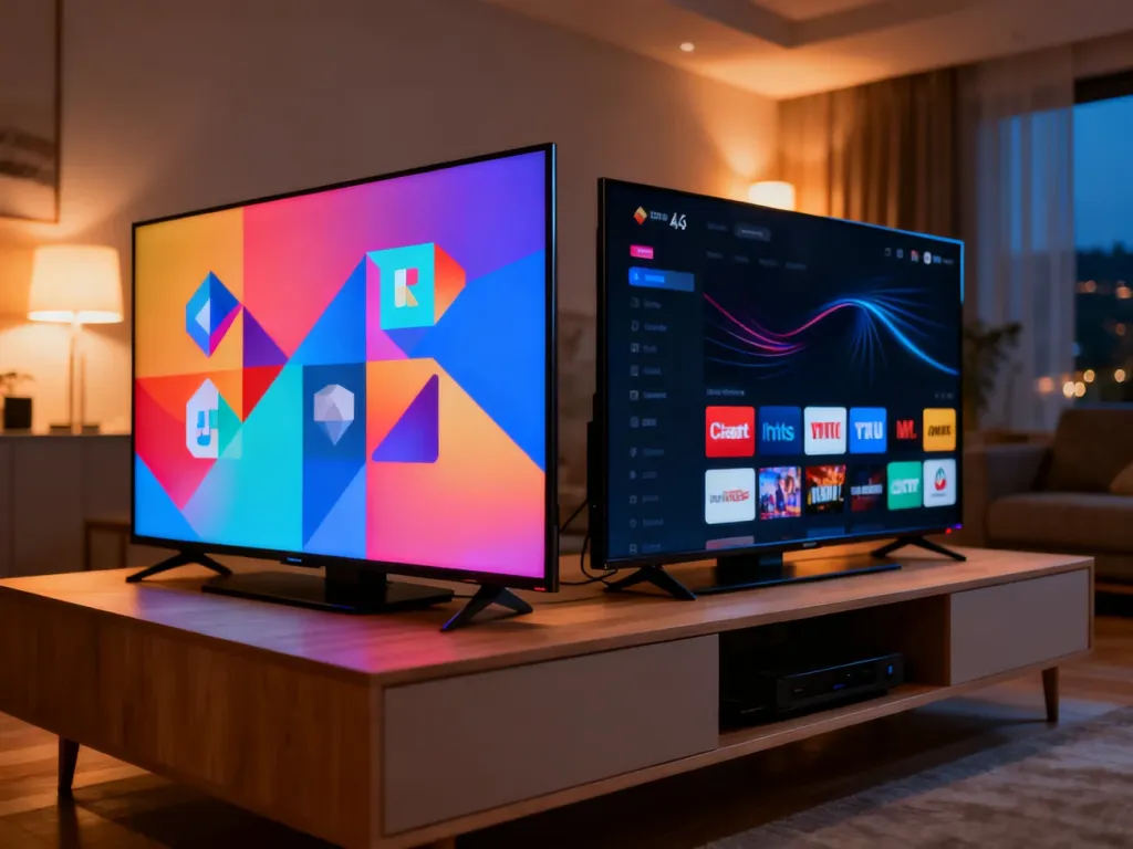 Dwa nowoczesne telewizory 4K stojące obok siebie, prezentujące interfejsy systemów Vidaa oraz Google TV w salonie.