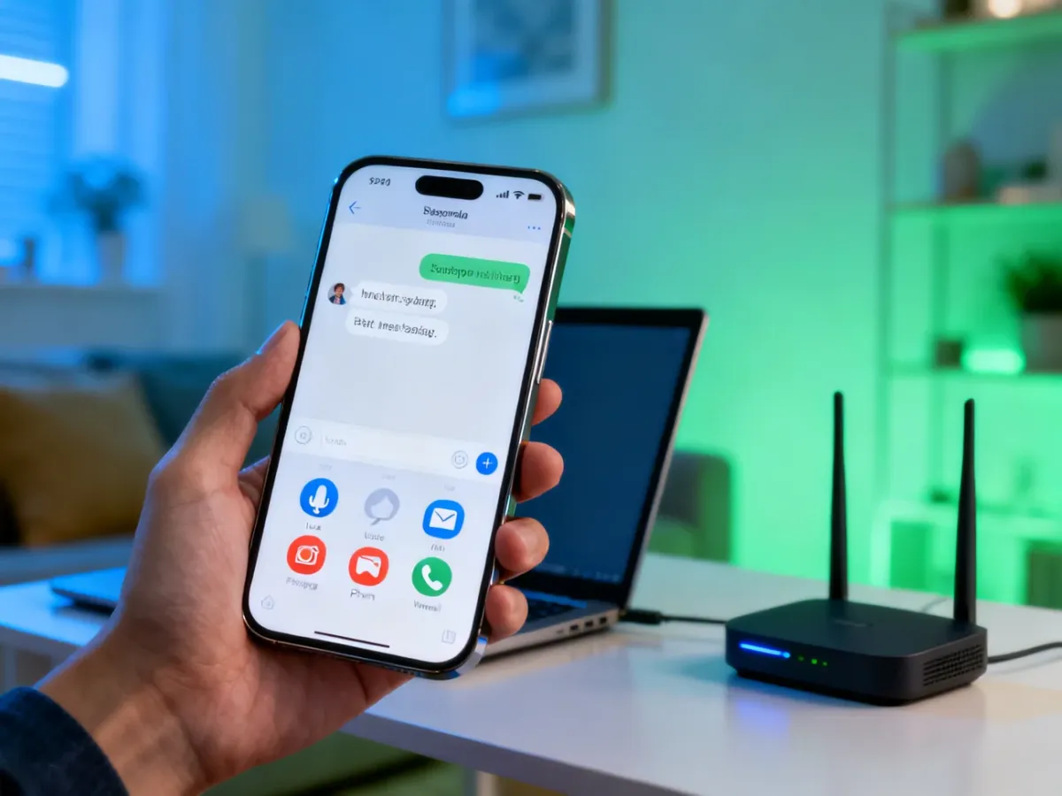 Smartfon z aplikacją komunikacyjną i ikonami wiadomości, zdjęć oraz wideorozmowy