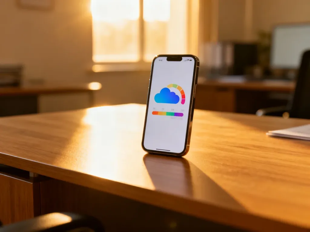 Smartfon na biurku z ikoną chmury i wskaźnikiem zapełnienia pamięci, symbolizujący zarządzanie przestrzenią w Zdjęciach Google.