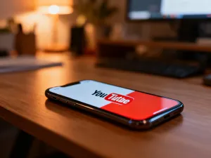 Nowoczesny smartfon z czystym ekranem na drewnianym biurku, symbolizujący przeglądanie treści bez reklam.