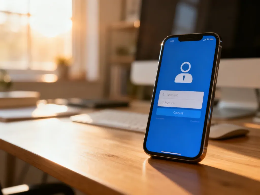 Smartfon z ekranem logowania do konta na drewnianym biurku w słonecznym domowym biurze.