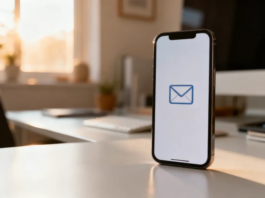 Nowoczesny smartfon z ikoną poczty e-mail na ekranie, leżący na biurku w przytulnym domowym biurze.