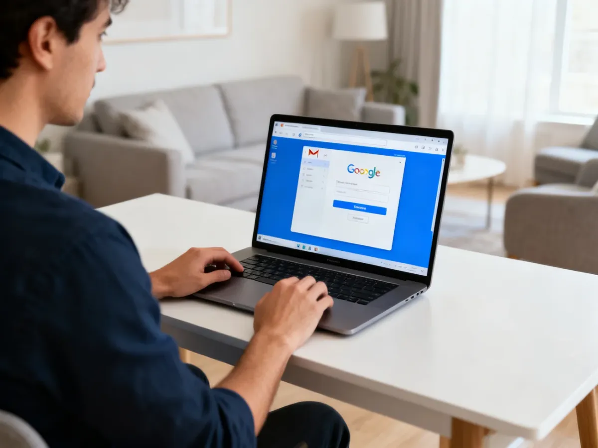 Osoba zakładająca konto Gmail na laptopie przy domowym biurku
