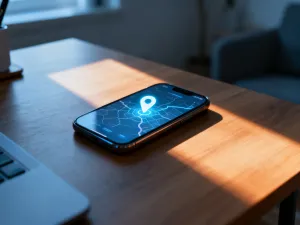 Minimalistyczny widok nowoczesnego biurka z unoszącą się ikoną paska wyszukiwania, symbolizującą działanie wyszukiwarki Google.