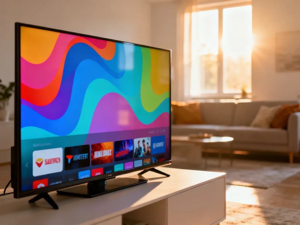 Nowoczesny telewizor Smart TV w minimalistycznym salonie, wyświetlający kolorowy interfejs aplikacji streamingowych.